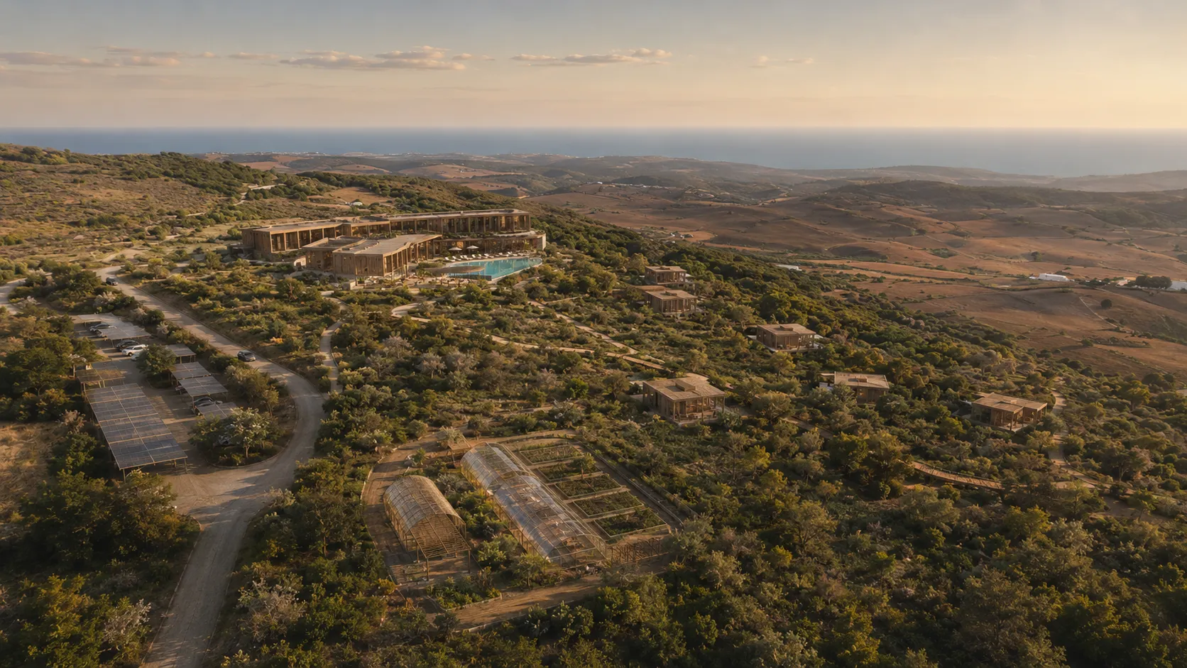 Vista aérea del santuario al amanecer, entre La Muela y el Atlántico