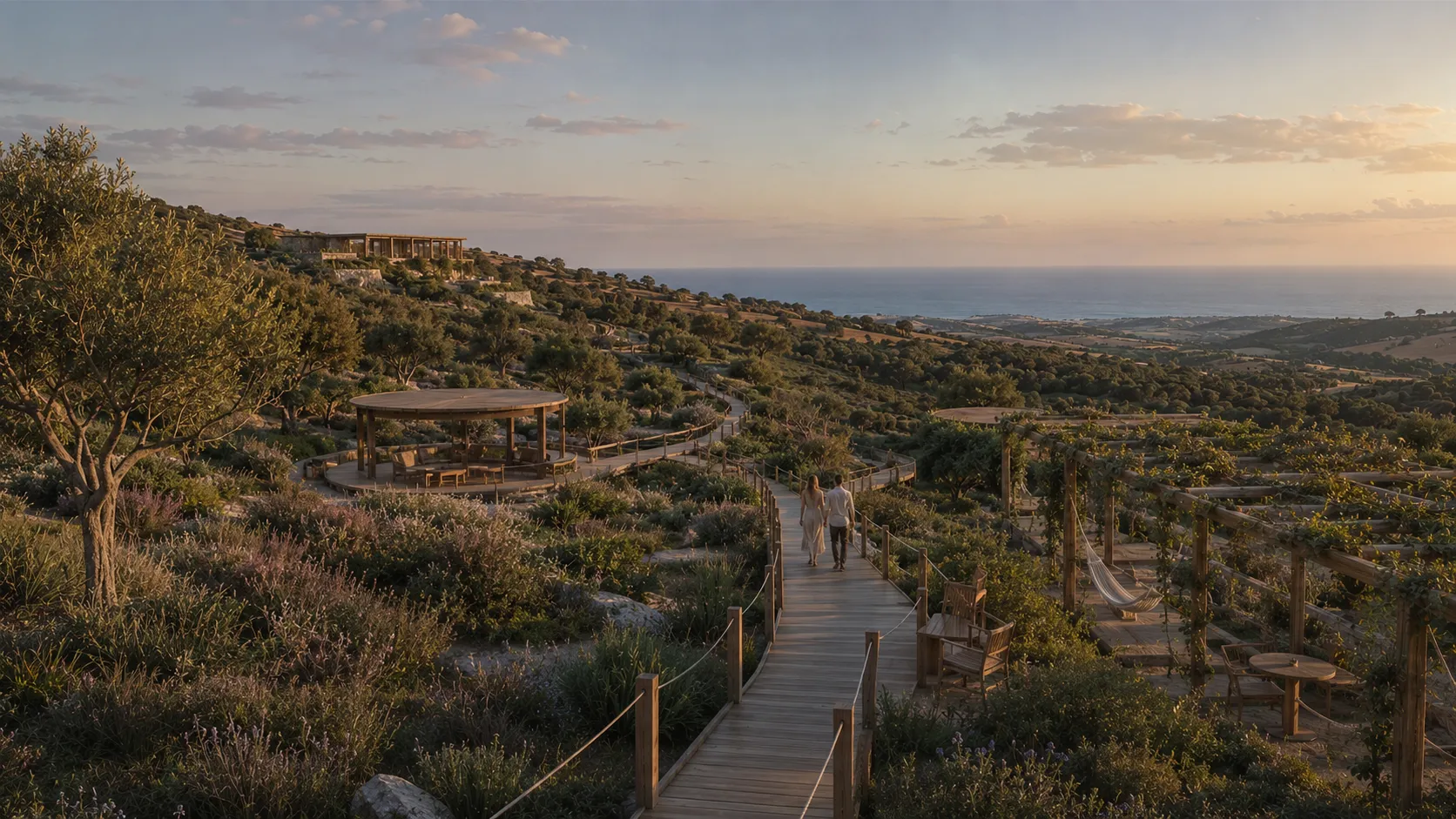 Pasarelas y jardines de estancia circular