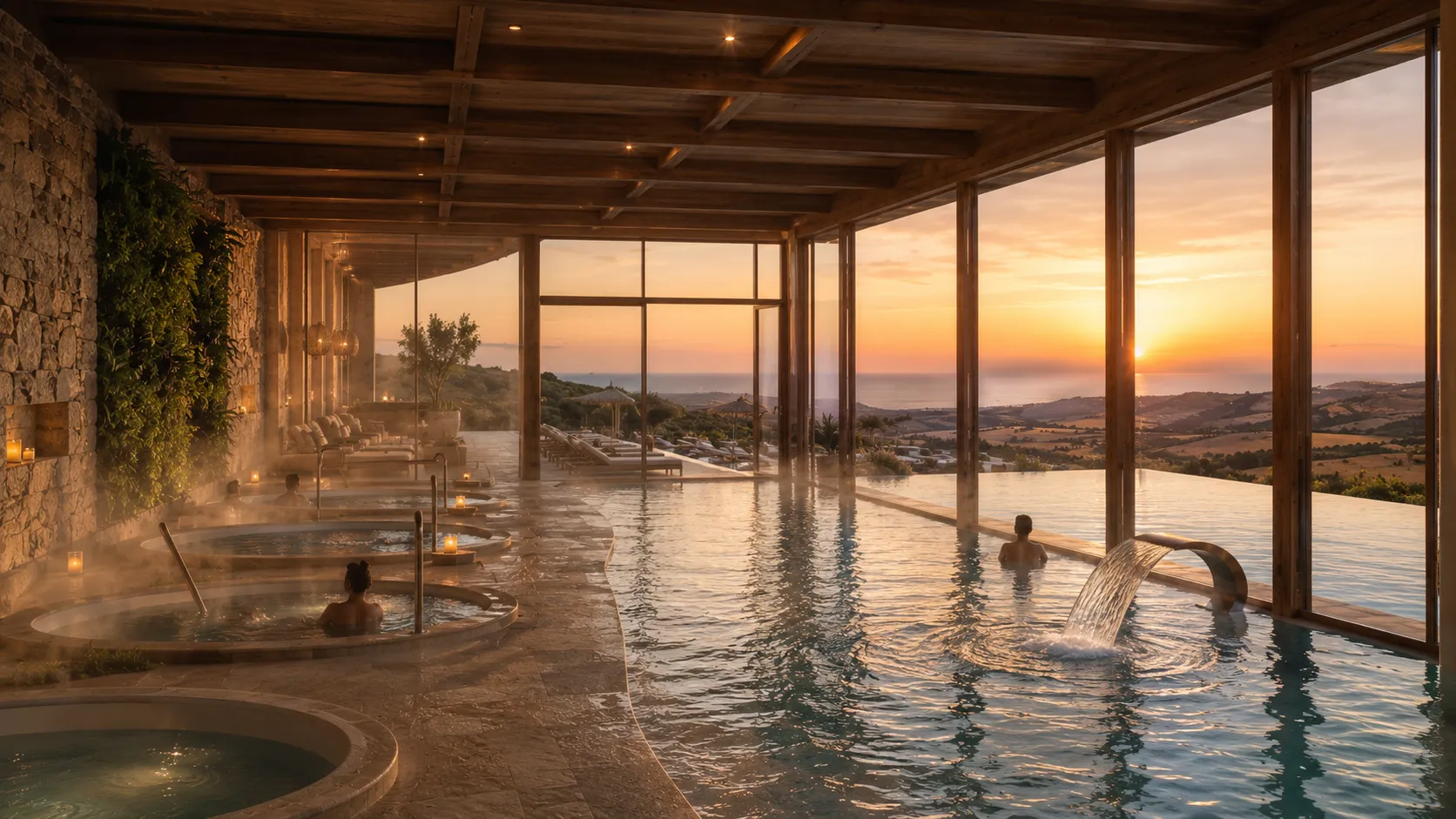 Spa interior y exterior al atardecer