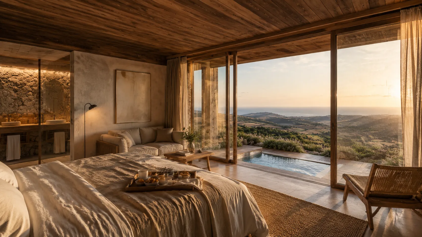 Suite principal con piscina al amanecer